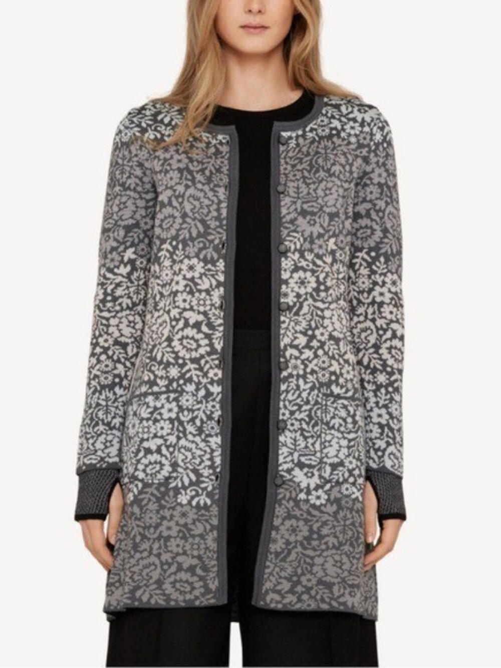 Oleana Norway Flowerlace Grey Merino Wool Silk Floral Cardigan Size Small